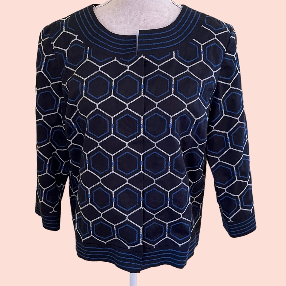 Chico's Black with Cobalt/White Hexagon Embroidered Cropped Jacket 1(8)